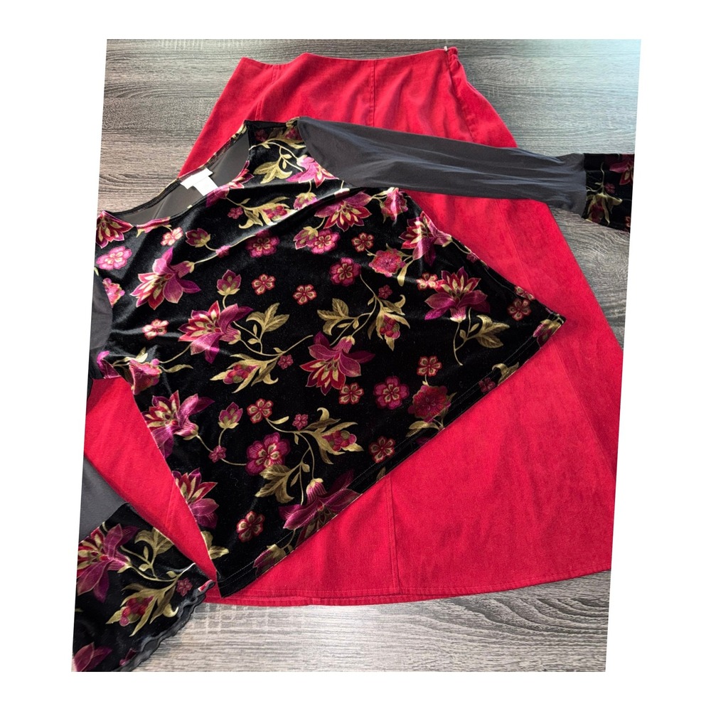 Worthington 2 Piece Set Velvet Floral Top Red Maxi Skirt Holiday Party XL